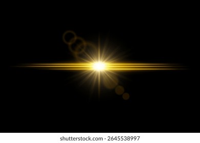 Bright color lens flare with central glow and horizontal light beams. Radiant flash with dreamy energy effect.