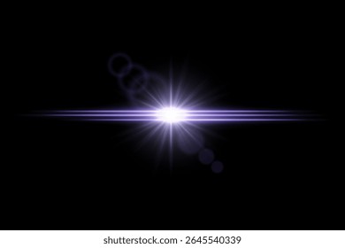 Bright color lens flare with central glow and horizontal light beams. Radiant flash with dreamy energy effect.