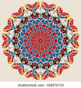 Bright Color Mandala Round Lace Design. Oriental Wallpaper. Mandala Tile. Card of invitation Vintage decorative elements. Colorful Hand drawn background. Islamic, Arabic, Indian, Asian, Ottoman motifs