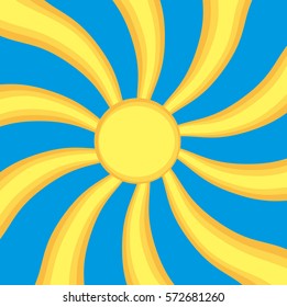 Bright color midpoint shape. Boom carnaval groovy form template. Glare fiery energy sign. Swirly retro style design. Blue sky view with space for text
