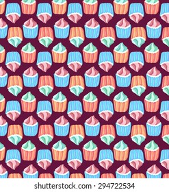 bright color pattern of cupcakes on a red backdrop