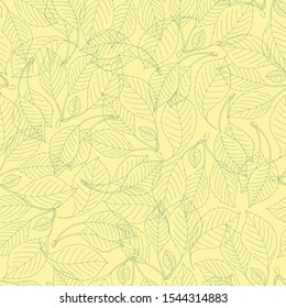 Bright color pattern with leaves. Summer, spring repeating illustration. Linear natural ornament. Outline ornamental composition for use: fabric design, printed products, gift wrapping. Vector.