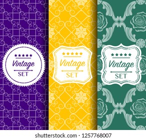 Bright color pattern made of forged elements. Vector illustration. Abstract elegant geometric design. Universal background for packaging, postcards, printing. Label set