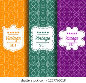Bright color pattern made of forged elements. Vector illustration. Abstract elegant geometric design. Universal background for packaging, postcards, printing. Label set