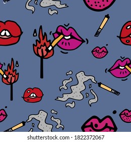 Bright color pattern on a blue-gray background. Lovely and sexy lips, smoking people, smoking cigar, match and fire. Good for textiles, typography and printing.