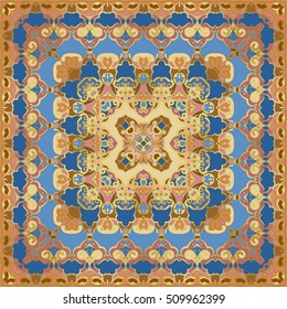 Bright color pattern in Oriental style. Square ornament for shawls, scarves or pillow. Can be used for printing onto fabric or paper. Vector illustration.