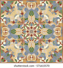 Bright color pattern in Oriental style. Square ornament for shawls, scarves or pillow. Can be used for printing onto fabric or paper. Vector illustration.