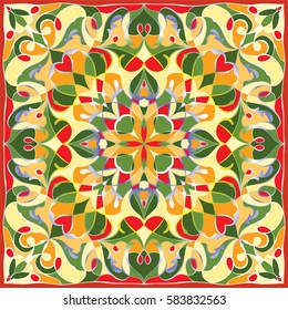 Bright color pattern in Oriental style. Square ornament for shawls, scarves or pillow. Can be used for printing onto fabric or paper. Vector illustration.