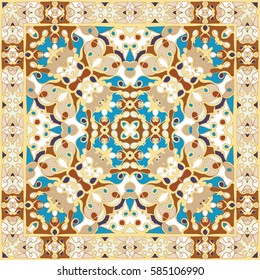 Bright color pattern in Oriental style. Square ornament for shawls, scarves or pillow. Can be used for printing onto fabric or paper. Vector illustration.