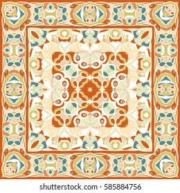 Bright color pattern in Oriental style. Square ornament for shawls, scarves or pillow. Can be used for printing onto fabric or paper. Vector illustration.