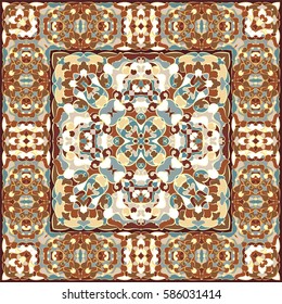 Bright color pattern in Oriental style. Square ornament for shawls, scarves or pillow. Can be used for printing onto fabric or paper. Vector illustration.
