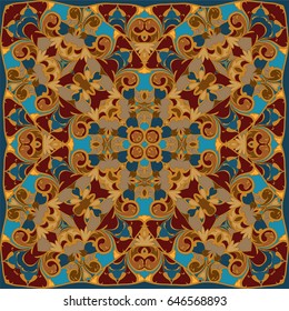 Bright color pattern in Oriental style. Square ornament for shawls, scarves or pillow.Vector illustration.