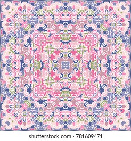 Bright color pattern in Oriental style. Square ornament for shawls, scarves or pillow. Can be used for printing onto fabric or paper. Vector illustration.