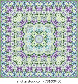 Bright color pattern in Oriental style. Square ornament for shawls, scarves or pillow. Can be used for printing onto fabric or paper. Vector illustration.