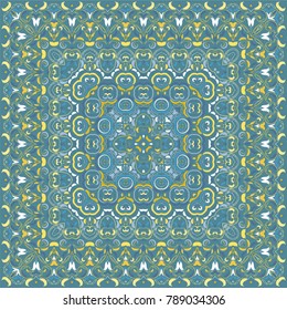 Bright color pattern in Oriental style. Square ornament for shawls, scarves or pillow. Can be used for printing onto fabric or paper. Vector illustration.