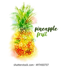 Bright color pineapple fruit and lettering on white background with watercolor stains. Vector illustration.