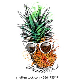 Bright color Pineapple in a sunglasses. Vector illustration.