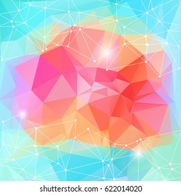 Bright color polygonal vector background. Motion cyber space abstract futuristic pattern. Networking dynamic motion blue red space.