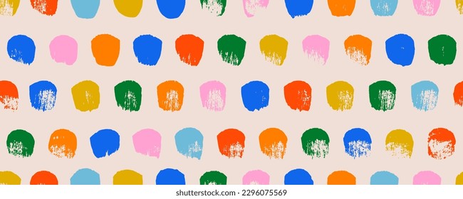 Bright color regular blots seamless pattern. Hand drawn polka dot seamless pattern. Abstract geometric horizontal banner with bold round brush strokes. Colorful dots abstract vector background.