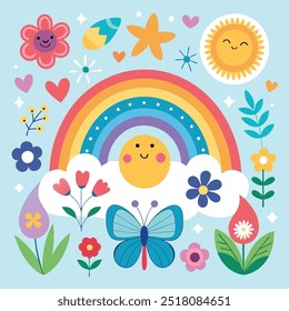 Bright color Scandinavian rainbow and butterflies clipart