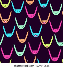 Bright color seamless pattern with cute Easter bunny faces with happy and lovely emotions, hand-drawn rabbits with various expressions, EPS 10