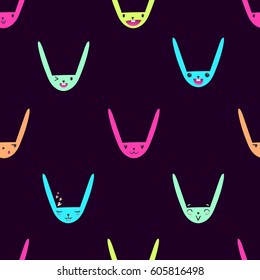 Bright color seamless pattern with cute Easter bunny faces with happy and lovely emotions, hand-drawn rabbits with various expressions, EPS 10