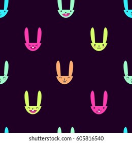 Bright color seamless pattern with cute Easter bunny faces with happy and lovely emotions, hand-drawn rabbits with various expressions, EPS 10