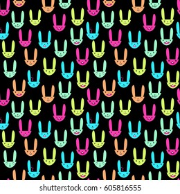 Bright color seamless pattern with cute Easter bunny faces with happy and lovely emotions, hand-drawn rabbits with various expressions, EPS 10