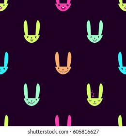 Bright color seamless pattern with cute Easter bunny faces with happy and lovely emotions, hand-drawn rabbits with various expressions, EPS 10