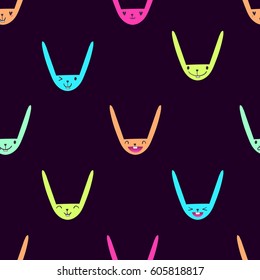 Bright color seamless pattern with cute Easter bunny faces with happy and lovely emotions, hand-drawn rabbits with various expressions, EPS 10
