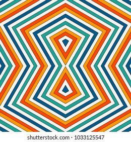 Bright color seamless pattern with geometric figures. Repeated diamond ornamental abstract background. Rhombuses and lines motif. Ethnic style digital paper, textile print, page fill. Vector art