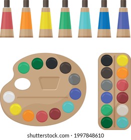 A bright color set of multi-colored paints for creativity and drawing. School paint kit. The artist s accessories. Paints in tubes and on the palette. Vector illustration on a white background