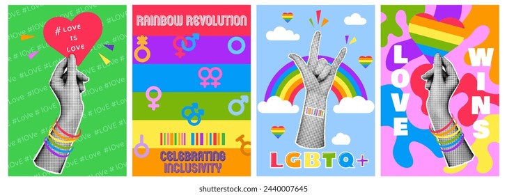 Bright color set of Pride month poster card with flag. Hand, trendy halftone style. LGBTQ+, Hand, trendy halftone style