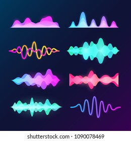 Bright color sound voice waves isolated on background. Abstract waveform, music pulse and equalizer wave vectors. Equalizer effect digital, rhythm graphic pattern, wave form frequency illustration