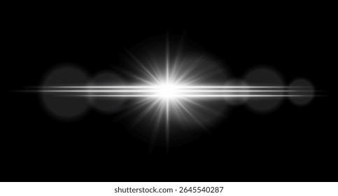 Bright color starburst light with radiant glow and horizontal beams. Bright energy flare with festive atmosphere.