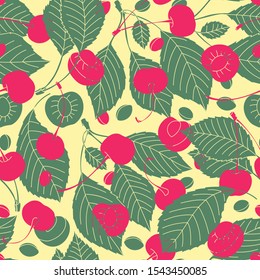 Bright color summer pattern with cherries. Illustration with natural ornament of cherries and leaves. Flat illustration. Ornamental composition for use on fashion clothing, fabric design, printed prod