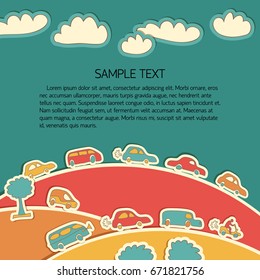 Bright color transportation doodle poster with cars are in the traffic jam vector illustration