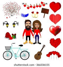 Bright color vector graphic illustration of Valentine day love holiday set with symbol of bicycle present guitar feather and couple of people on white background