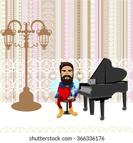 Bright color vector graphic illustration of Valentine day love holiday with symbol of one bearded man lover with heart near piano on light background