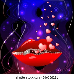 Bright color vector graphic illustration of Valentine day love holiday with symbol of beautiful heart shape and lips on colorful background