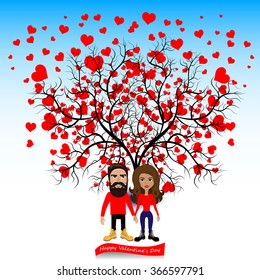 Bright color vector graphic illustration of Valentine day love holiday with symbol of beautiful heart shape and lovely couple on colorful background