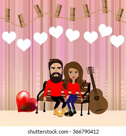 Bright color vector graphic illustration of Valentine day love holiday with symbol of beautiful heart shape and lovely couple on colorful background