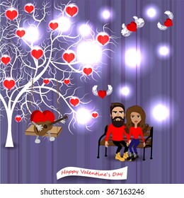 Bright color vector graphic illustration of Valentine day love holiday with symbol of beautiful heart shape and lovely couple on colorful background