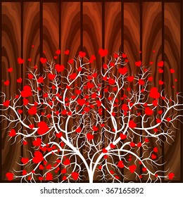 Bright color vector graphic illustration of Valentine day love holiday with symbol of red beautiful heart shape objects on wooden background