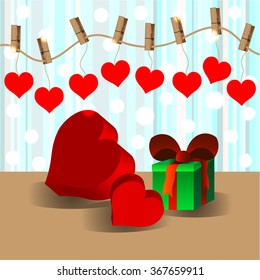 Bright color vector graphic illustration of Valentine day love holiday with symbol of beautiful heart shape and present box on colorful background