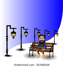 Bright color vector graphic illustration of Valentine day love holiday with symbol of handsome man with guitar on blue background