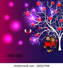 Bright color vector graphic illustration of Valentine day love holiday with symbol of beautiful heart shape and lovely couple on colorful background