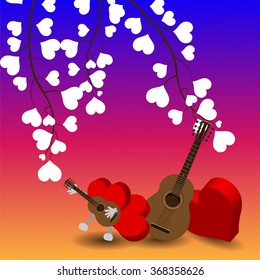 Bright color vector graphic illustration of Valentine day love holiday with symbol of beautiful heart shape and guitar on colorful background