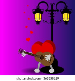 Bright color vector graphic illustration of Valentine day love holiday with symbol of beautiful heart shape and guitar on colorful background