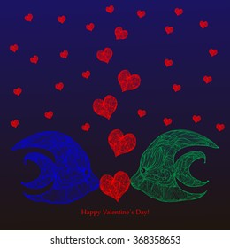 Bright color vector graphic illustration of Valentine day love holiday with symbol of beautiful heart shape and fish on blue background